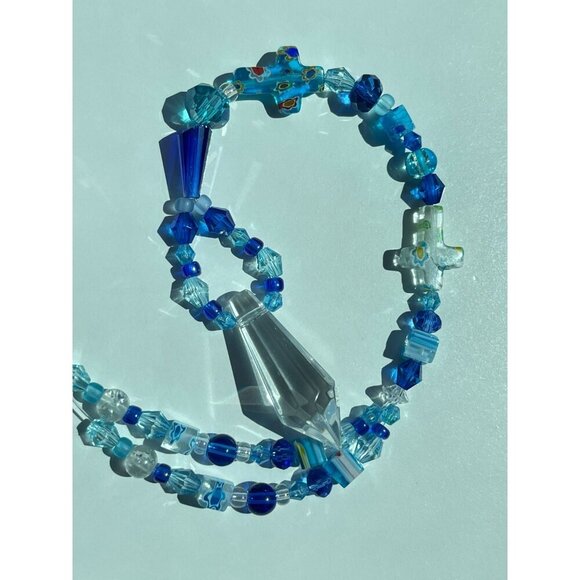 Beaded Suncatcher Rearview Mirror Ornament Cross Blue Crystal Prism Car Charm - Picture 8 of 10